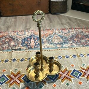 Vintage brass candle holder with drip tray Handle holds 3 candle sticks